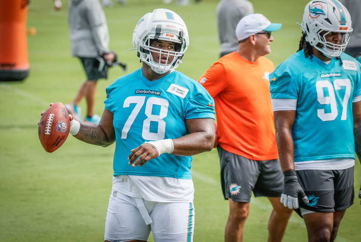 Miami Dolphins defensive lineman Kenneth Grant during practice drills at the Miami Dolphins Training Camp in Miami Gardens, Florida, on Friday, July 31, 2026.